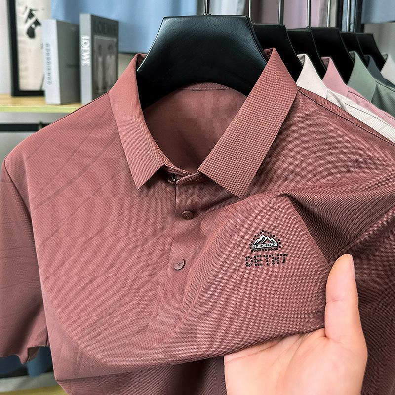 Pánské pulovrové tričko s klopou z ledového hedvábí s krátkým rukávem, trendy polokošile, ležérní top pro otce