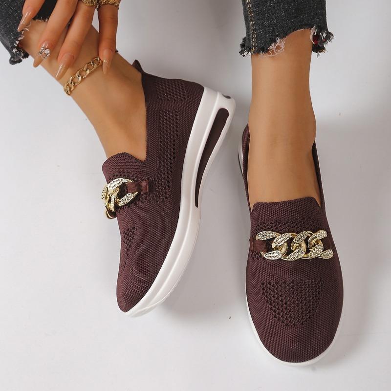 Fashion Autumn New Flat Shoes Women's Fashion Round Head Flannelette Mesh Hollow Metal Chain Soft Sole Non-slip Single Shoes