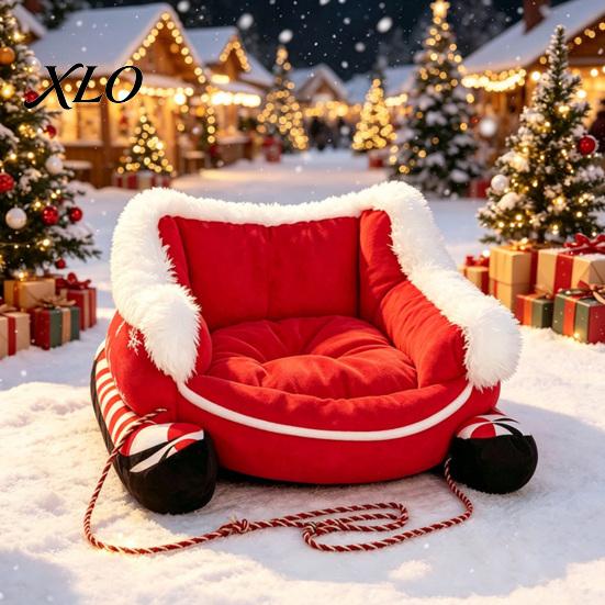 Easy Clean Pet Nest Christmas Sleigh Dog Bed with Non Slip Base, Plush Calming Sofa Soft Velvet for Indoor Outdoor, Fun House Cats Puppies Holiday