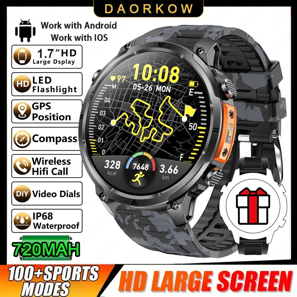 New Men GPS Smartwatch 1.7" HD Screen Military Call IP68 Waterproof 100 Sport Modes Smart Watch with 720mAh Large Battery