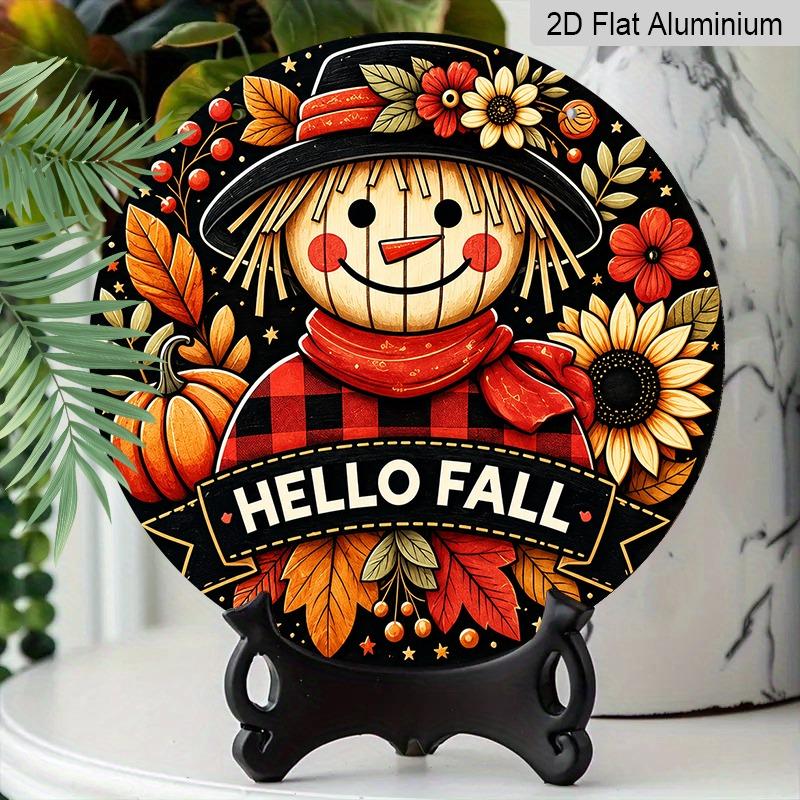 2D Flat Aluminum Decorative Plaques and Ornaments, Featuring Autumn-themed Plaid Scarecrow, Pumpkin, and Sunflower Floral Patterns for Wall