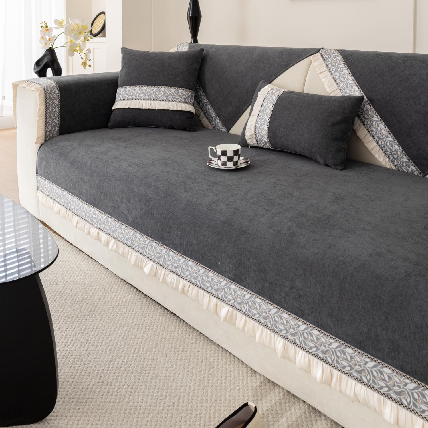 

Роскошный чехол для диванной подушки из шенилла с противоскользящим покрытием, плиссированной кромкой и кружевом для диванов в гостиной, чехлы для полотенец и угловых диванов 70*70