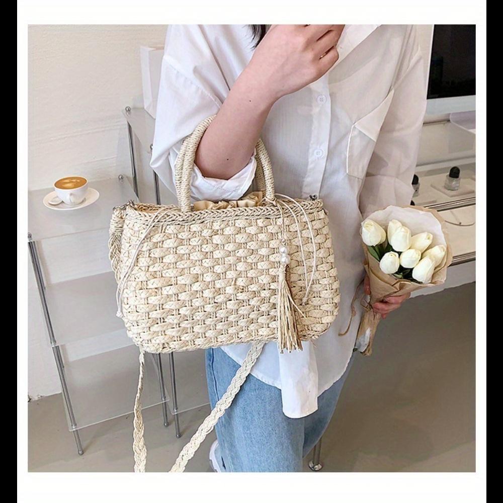 Women's Large Capacity Straw-Style Woven Beach Tote Bag Adjustable Crossbody/Handheld Strap with Tassel & Accents, Drawstring Closure