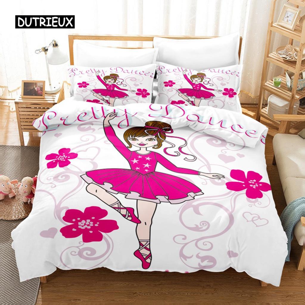 Cartoon Ballet Girl Pink Bedding Set Dancing Girl Princess Duvet Cover  Twin Size for Kids Girls Birthday Gifts Bedroom Decor