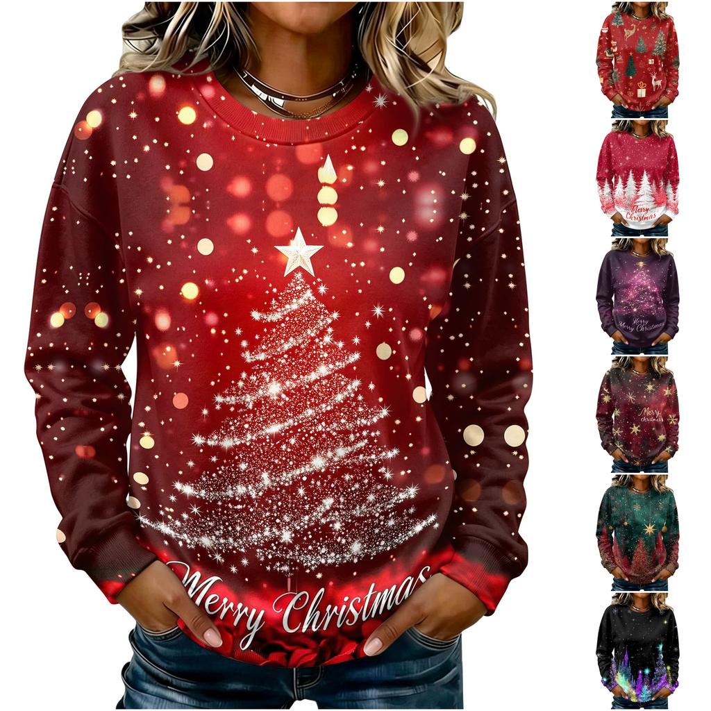 Women's Casual Long Sleeve Christmas Graphic Crewneck Sweatshirt Pullover Top for Holiday Wear