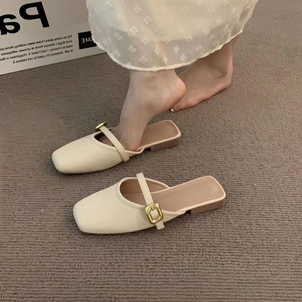 2025 Summer New Women's French Chic Closed Toe Half Slippers Versatile Casual Flat Bottom Shallow Mouth Footwear