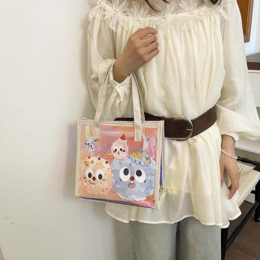 Cute cartoon transparent student tutoring bag texture large capacity waterproof zipper tote bag fashionable travel oblique span bag