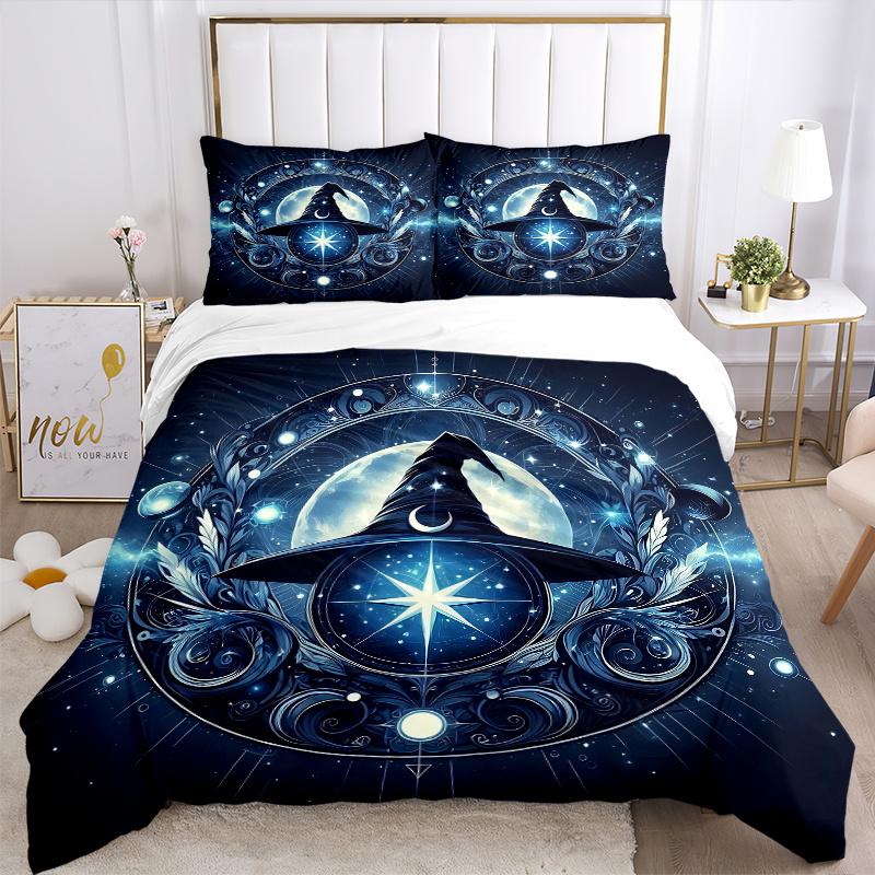3pcs Wizard's Hat A Mystical Celestial Emblem Printed Duvet Cover Set (1 * Cover+2 * Pillowcase, Without Core), Suitable for Home Bedroom, Guest