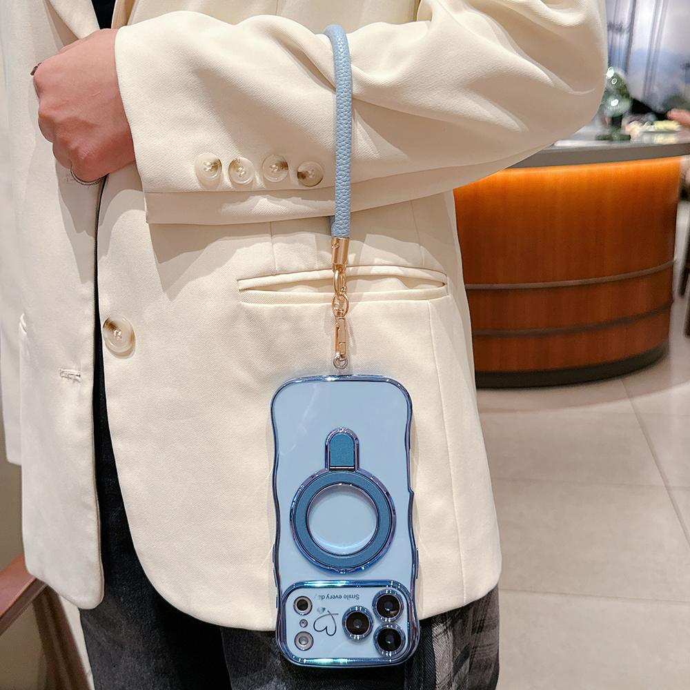 Wavy Frame Wrist Strap Phone Case for iPhone 17 Air 16 15 14 13 12 11 Pro Max Plus Silicone Soft Protective Cover Magnetic Stand