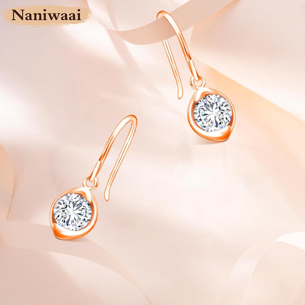 Naniwaai Earrings for High Quality Dangling Flower Pink Gold For Pink Gold Women, Popular, Zirconia, Hook, Earrings, Rose, Silver, Hypoallergenic,