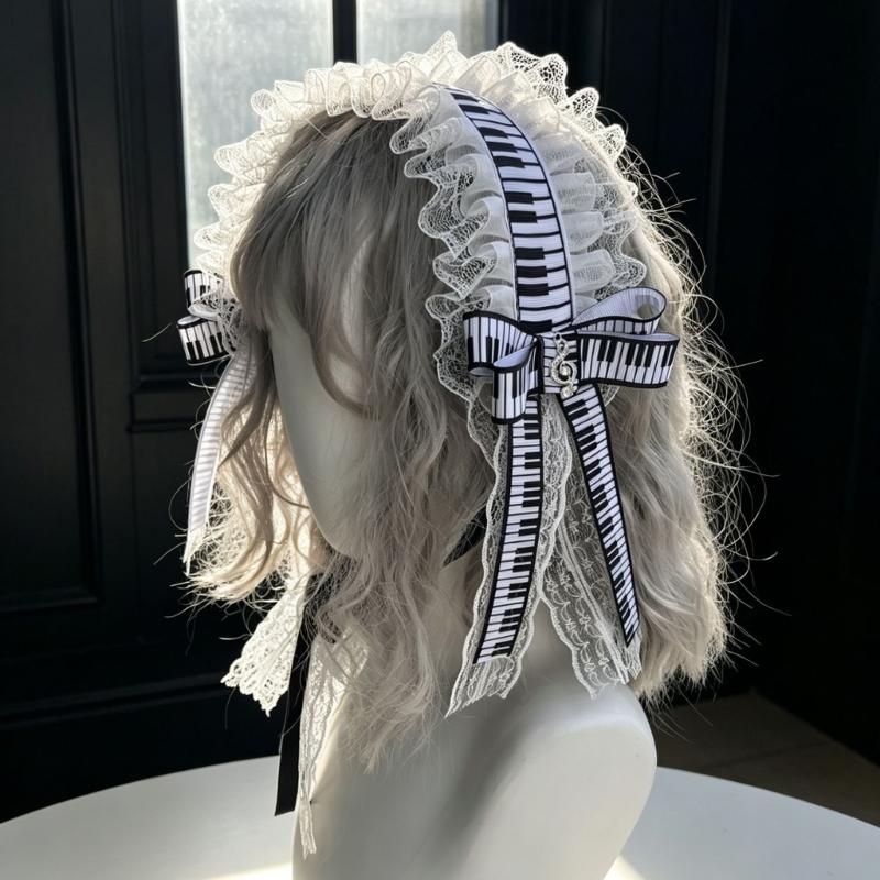 Fashion Lolitas Headbands Soft Durability Lolitas Lace Bows Hair Band With Music Notes for Costume Event