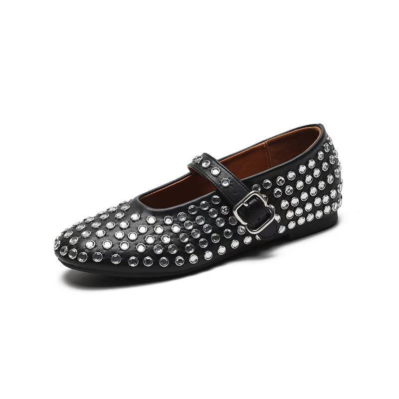 

Retro full diamond Mary Jane single shoes women s new shallow mouth one-word buckle ballet shoes round head flat shoes 36 чёрный
