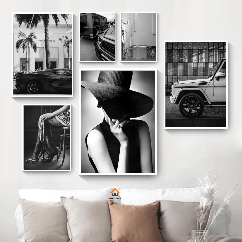 Mode Lyxbil Sexiga Kvinnor Moderna Svartvita Dekorativa Målningar Canvas Väggkonst Bilder Foton Vardagsrum Heminredning