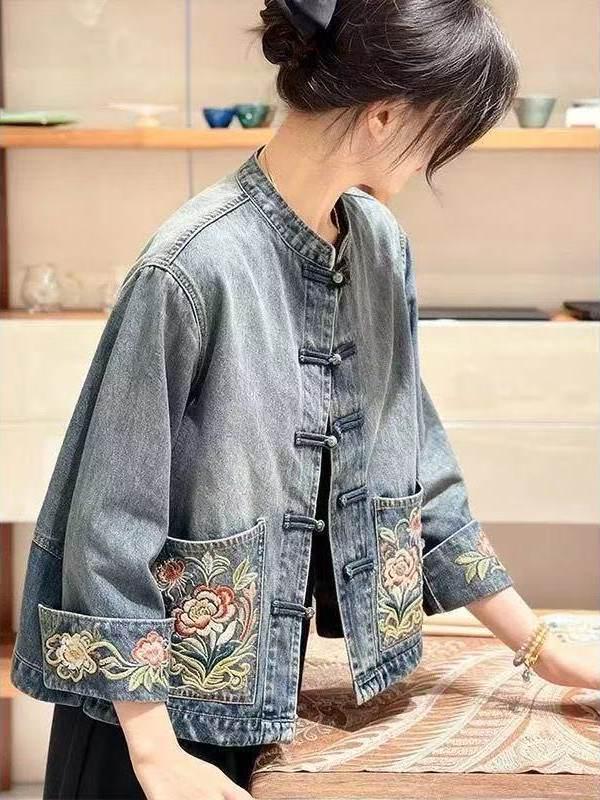 2026 Spring/Autumn Elegant New Chinese Style Women's Embroidered Denim Jacket