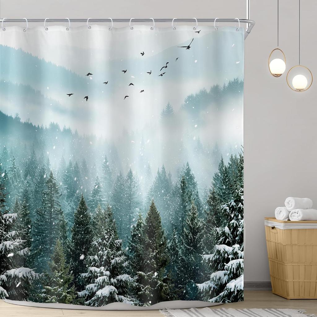 Winter Forest Shower Curtain Snowy Trees Mountain Scene Nature Art Peaceful Design Bath Decor Waterproof Fabric Home Accessories