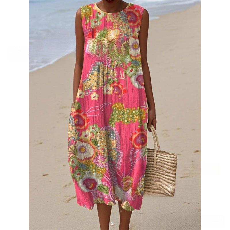 European and American New Summer Flower Ocean Printing European Size Round Neck Sleeveless Long Dress Creative Loose Dress