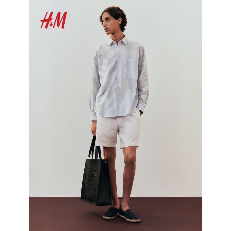 

HM Men s Casual Pants 2025 Summer New Linen Blend Straight Fashion Commuter Casual Shorts 1256419 Navy blue 170/80(S)