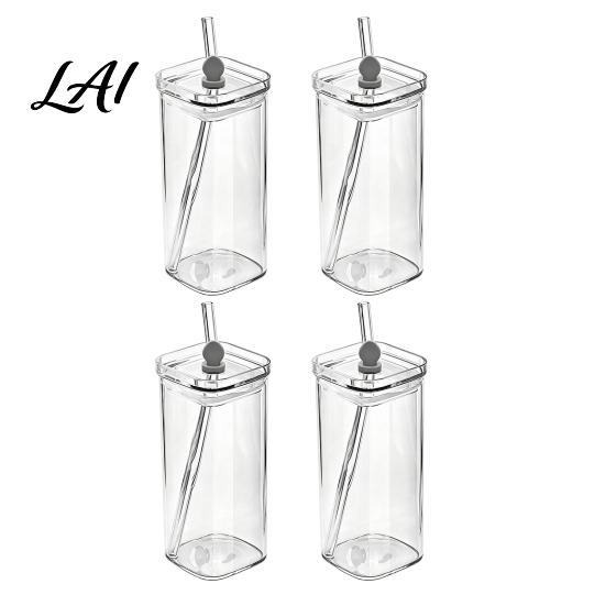 Elegant Glassware for Wedding Gifts Glass Cup with Lid And Straw Square Clear Borosilicate Heat Resistant Kitchen Tumbler Portable Drinking