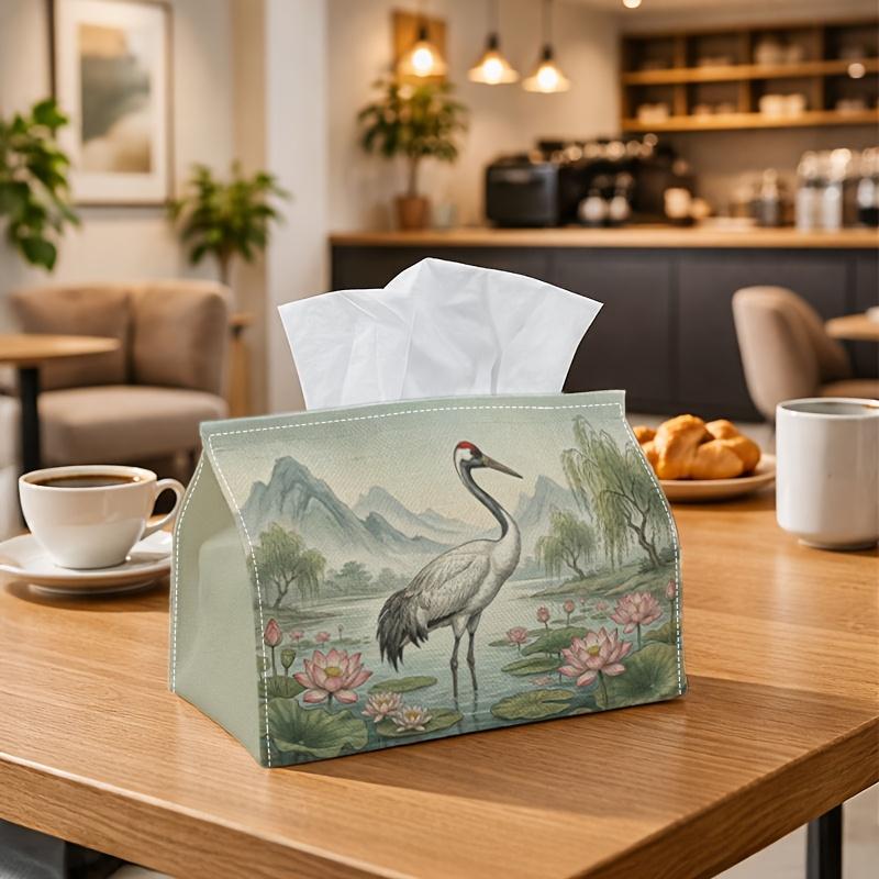 1pc Oriental Crane Lotus Tissue Holder | Versatile Napkin Holder, Ideal for Home, Gatherings, Vehicle Decor. Serene Ink Wash Artwork - Stylish Tissue