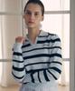 ROLAROLA V Neck Collar Stripe Knit Pullover Blue