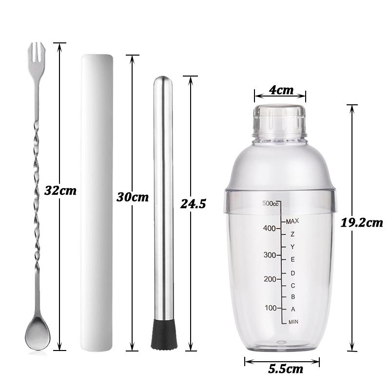 500ml Kunststoff Cocktailshaker Zuhause Milchtee Getränk Weinmixer Schüttelflasche mit Bar Barkeeper Barzubehör Kessel Werkzeugset für Party