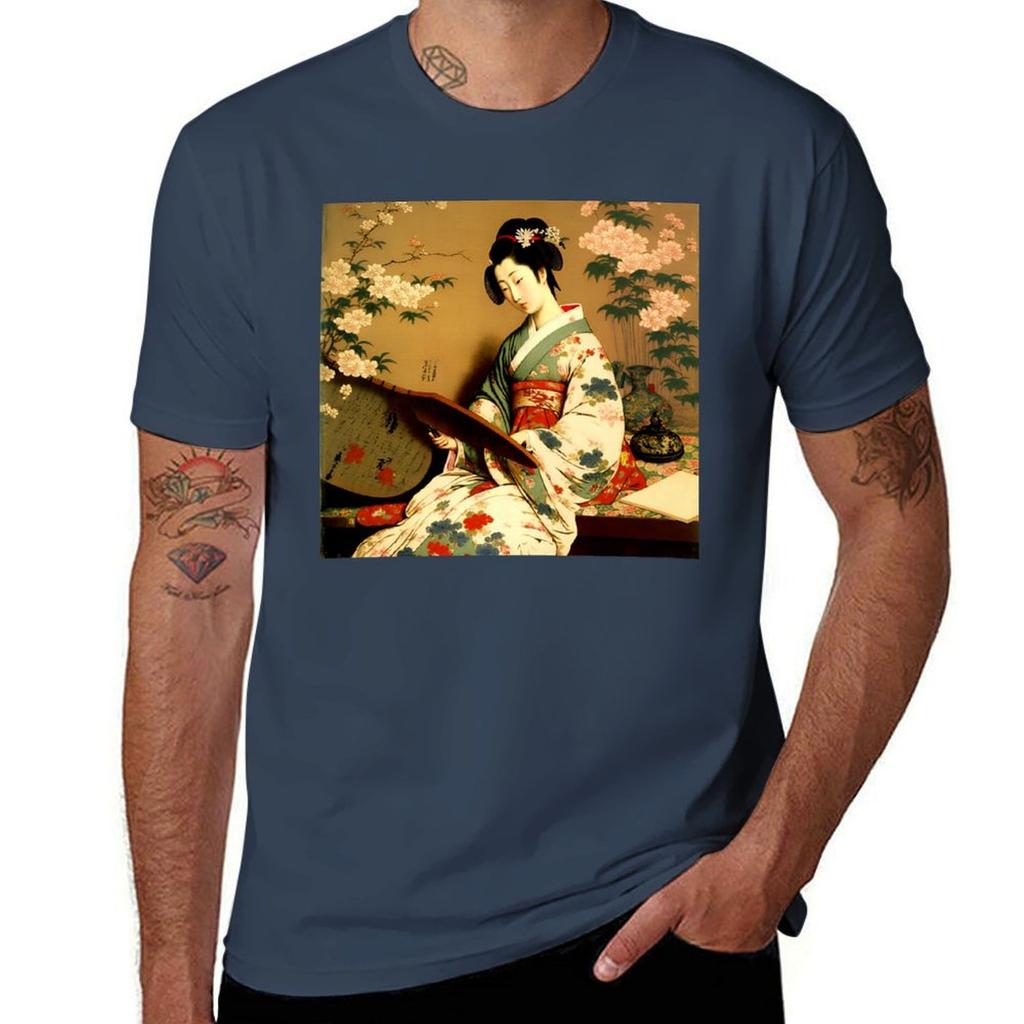 Japanese Geisha In Kimono Vintage Poster Wall Art With Floral Design Tshirt Simple Solid Color Crew Neck Tee