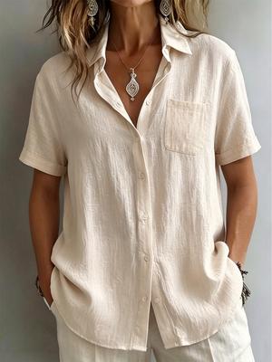 Damen Leinenstruktur Kurzarm Hemd mit Knöpfen und Tasche - Entspanntes Sommer Casual Top.