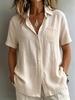 Women's Linen Texture Short Sleeve Button-Down Shirt with Pocket - Relaxed Summer Casual Top.