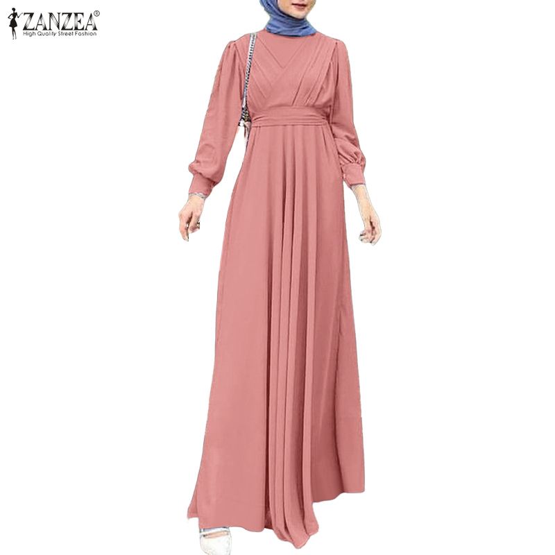 ZANZEA Muslim Women Casual Round Neck Long Sleeve Loose Long Dress