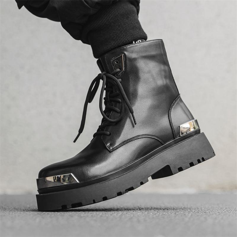 Men's Fashion Leather Boots Luxury Designer Style Office Party Outdoor Autumn and Winter Thick Soled Shoes Black Versatile