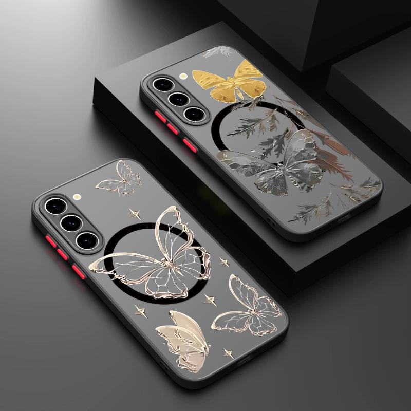 Blue Butterfly Pattern Magnetic Phone Case For Samsung Galaxy A37 A17 A56 A36 A55 A35 A26 A16 A25 A15 A54 A14 A34 Acrylic Cover