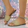 Fashion Luxury Gold Slip On Sandals Women 2025 Summer Square Toe Flat Heel Slides Sexy Light Weight Non Slip Beach Slippers Plus Size 43