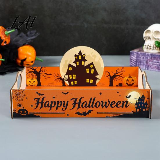 Castle Pattern Dish Halloween Witch Decorative Wood Serving Tray with Handle Ghost Pumpkin Seasonal Display Stand Trick or Treat Dessert for