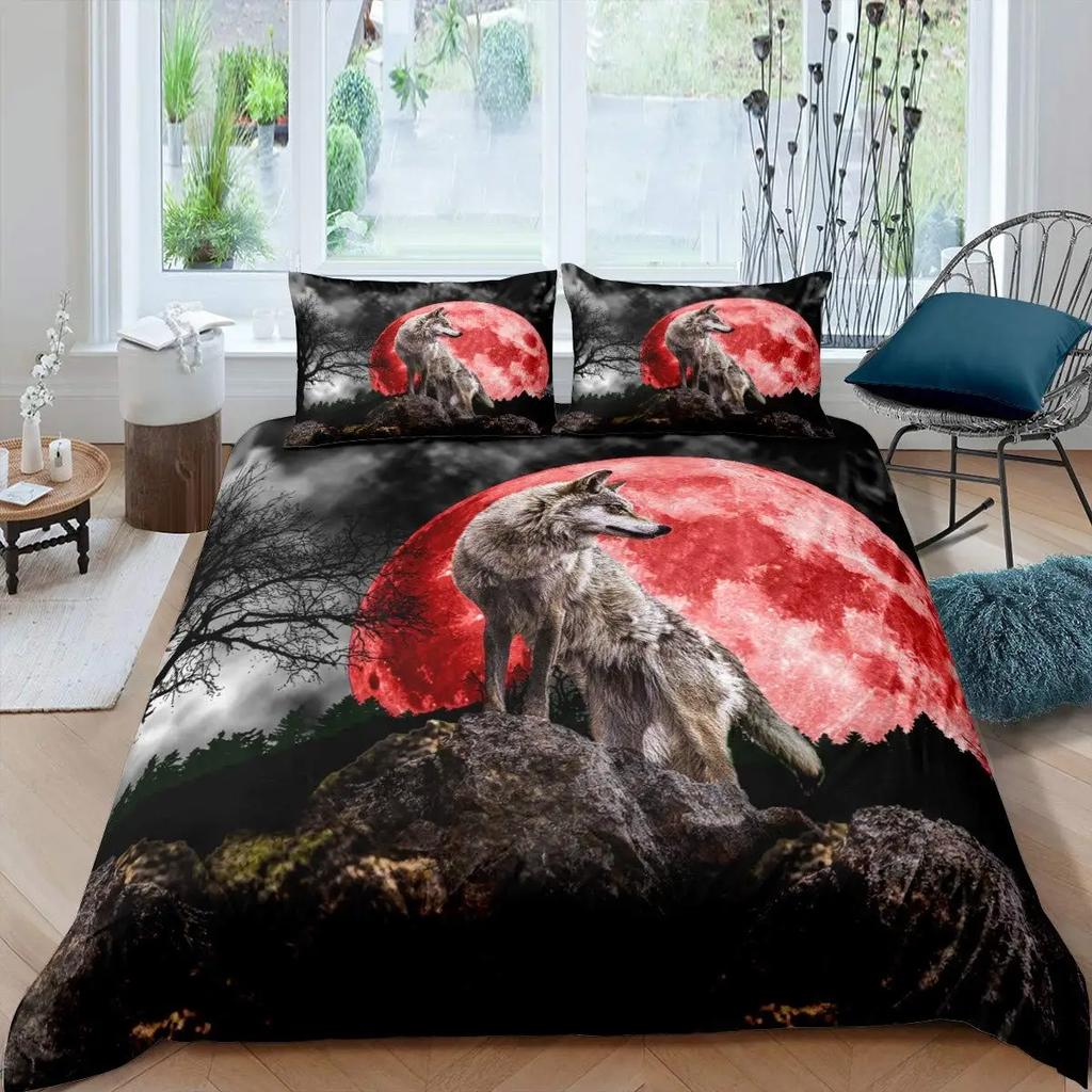 Black Wolf Moon Duvet Cover Set Wolf Howling Bedding Sets for Boys Vintage Oil Paint Wild Animal Bed Sets Purple Blue and Black