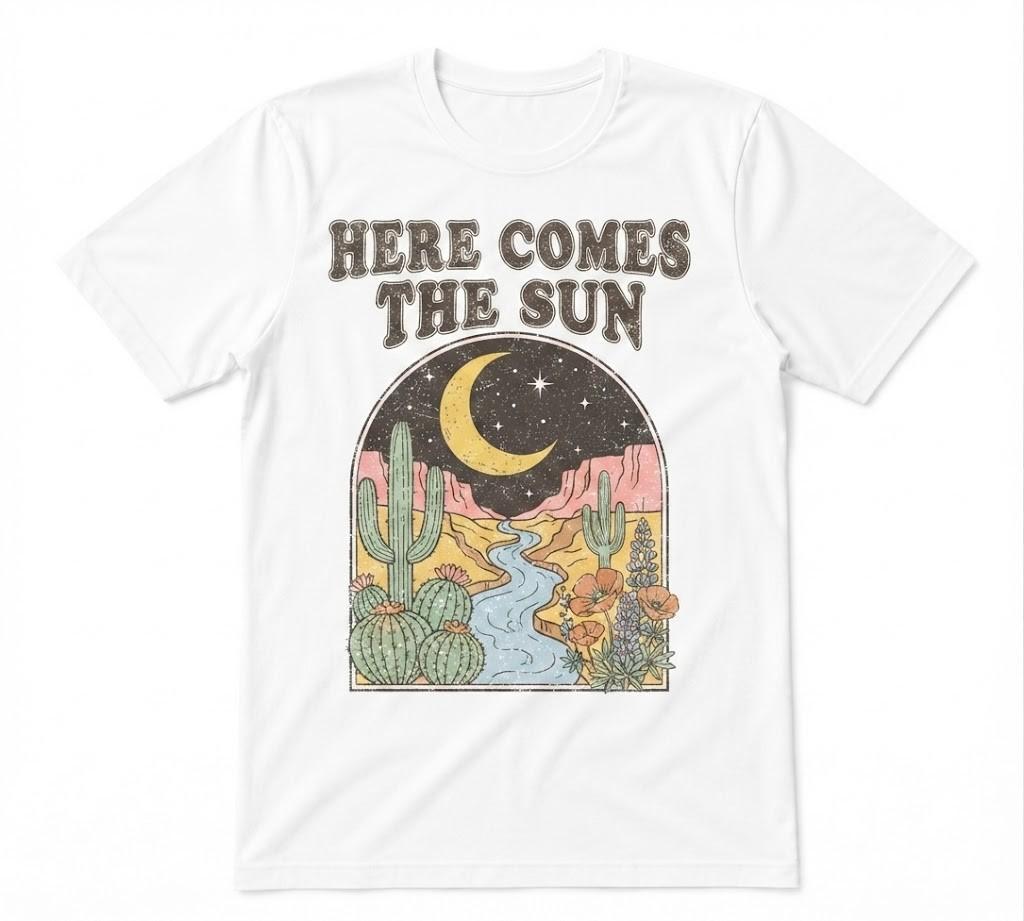 Here Comes The Sun Grafik-T-Shirt mit Sonnenuntergang in der Westwüste Weißes T-Shirt