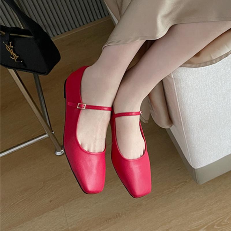 Fashion Bailamos Women Casual Ballet Flats Shoes 2024 Ins Real Leather Buckle Strap Soft Square Toe Low Heels Office Shoes Mujer