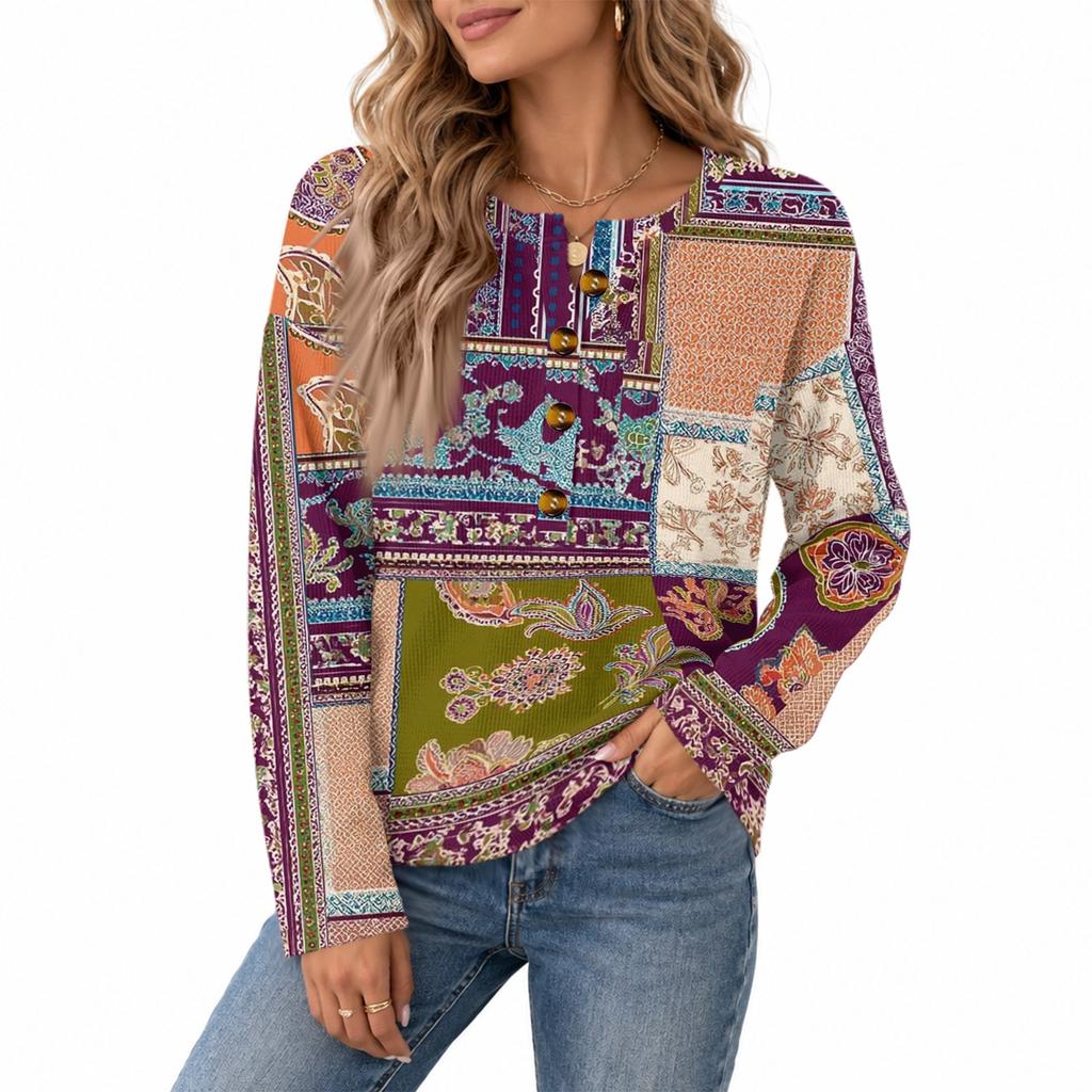 Women's Fashion Button Neck Knit Long Sleeve Casual Top for Everyday Wear