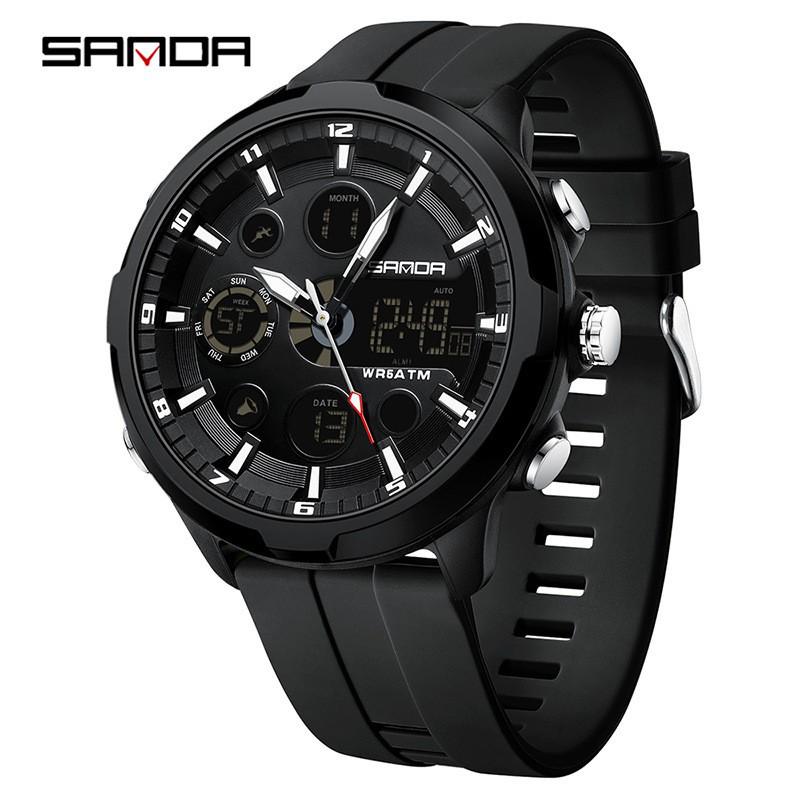 Sanda Men's Multifunctional Waterproof Luminous Watch with Dual Display and Alarm