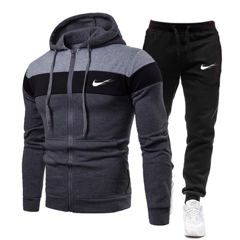 2023 Toamna/Iarna Nou Hanorac Colorat Cusături Culoare Glugă+Pantaloni Bărbați Casual Bumbac Hanorace calde Costum de jogging