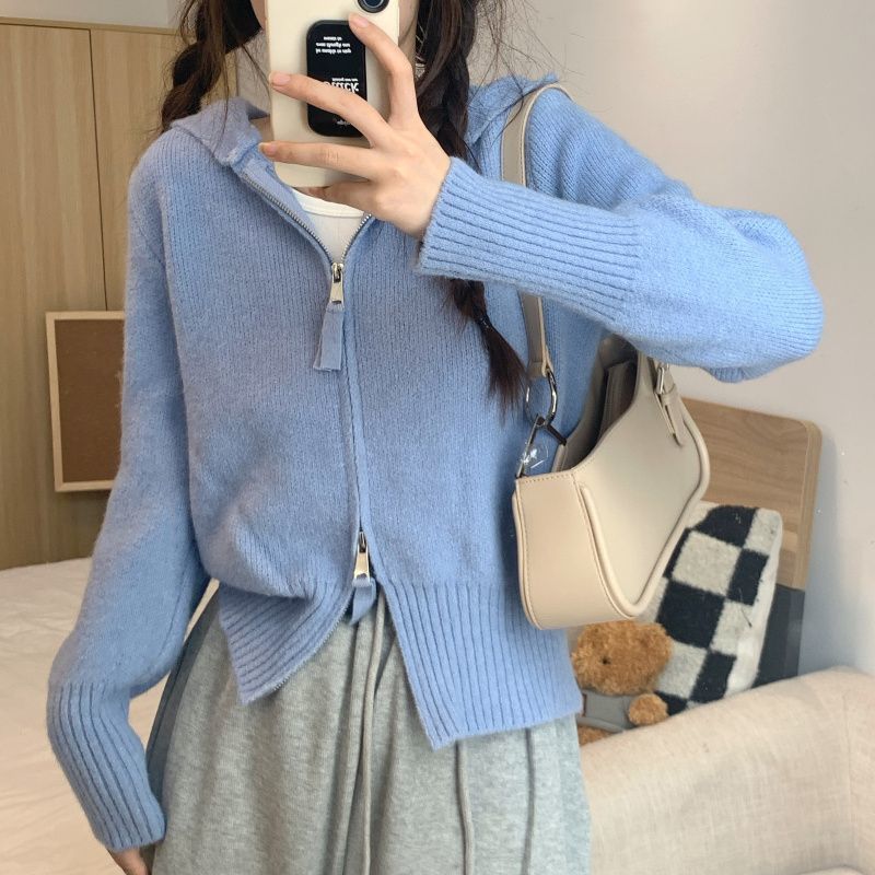 Polo Kragen Strickjacke Pullover Frauen Herbst 2023 Schlank Solide Unregelmäßige Langarm Doppel Zip Pullover Strickjacke Weibliche Top