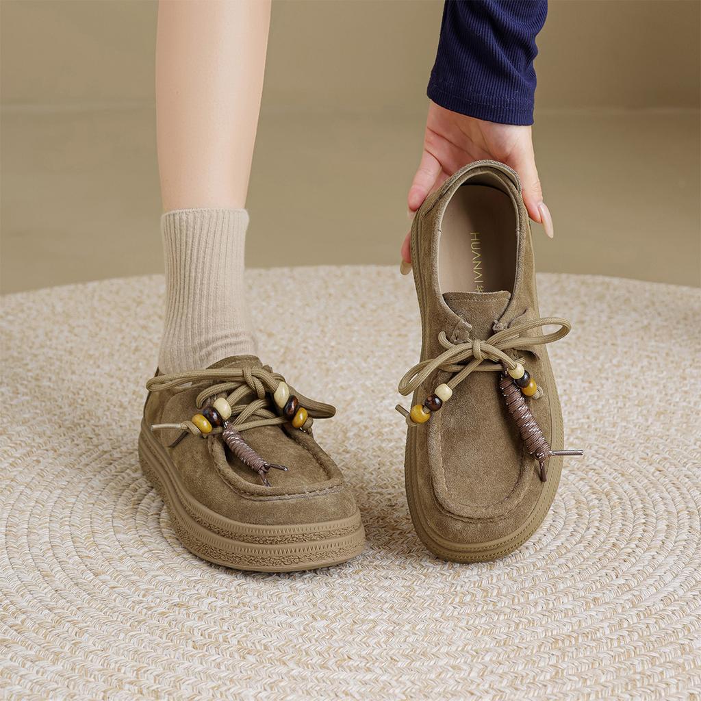 [Cow Anti Velvet] Thick soled Boken Shoes for Women 2025 Autumn New Vintage Beaded Height Increasing Casual Kangaroo Shoes