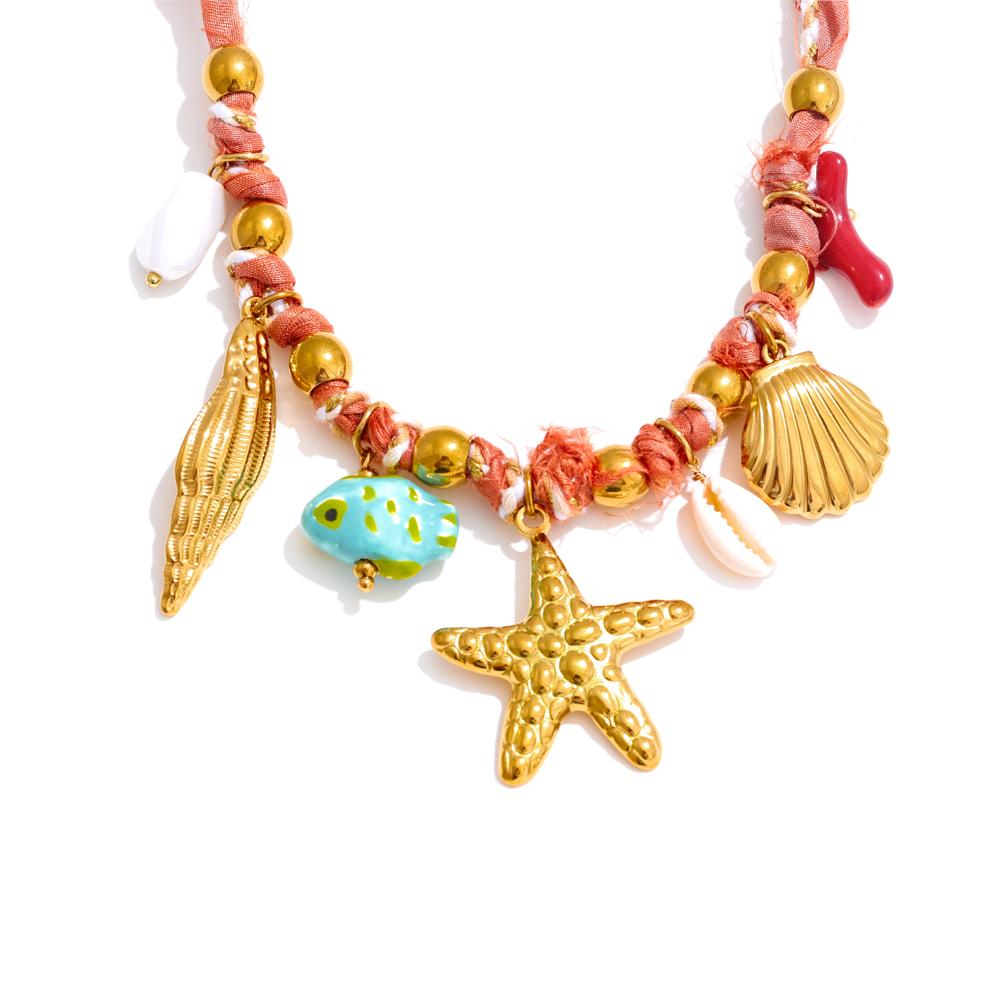 

Yhpup Fashion Red Rope Braided Handmade Necklace Drop Ceramic Shell Conch Starfish Stainless Steel Popular Jewelry Gift