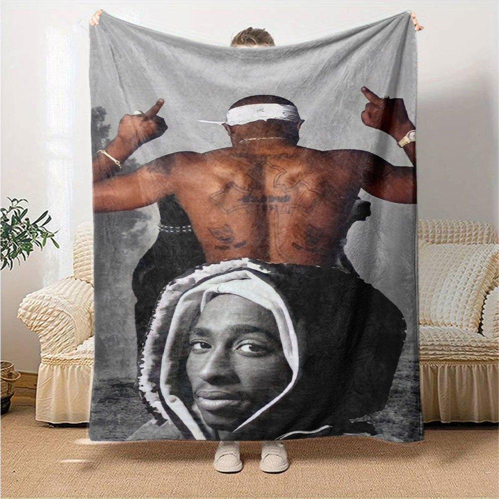1pc 2PacHip Hop Blanket Soft Lightweight All Season Multi Purpose Throw for Sofa, Bed, Office & Picnics, French Style with Iconic Album Art & Quotes