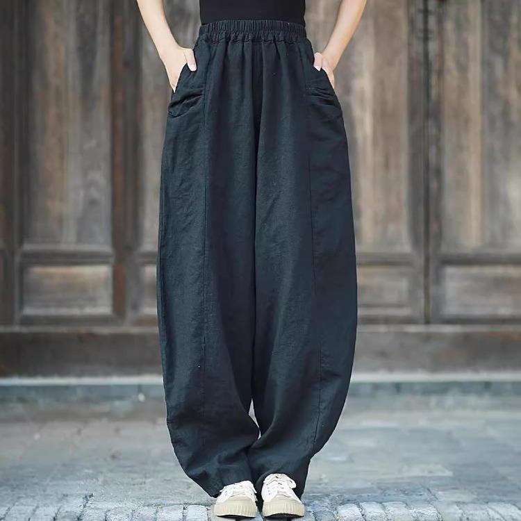 

Autumn Women Loose Elastic Waist Pants Vintage Retro Style Casual Fashion Solid Color Trousers One Size чёрный