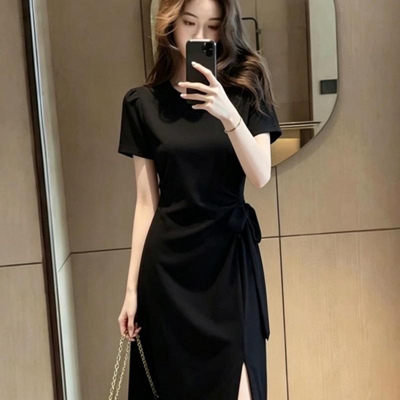 French Skirt Women's New Summer Dress Summer New Purple Short-sleeved Split Fork Medium and Long