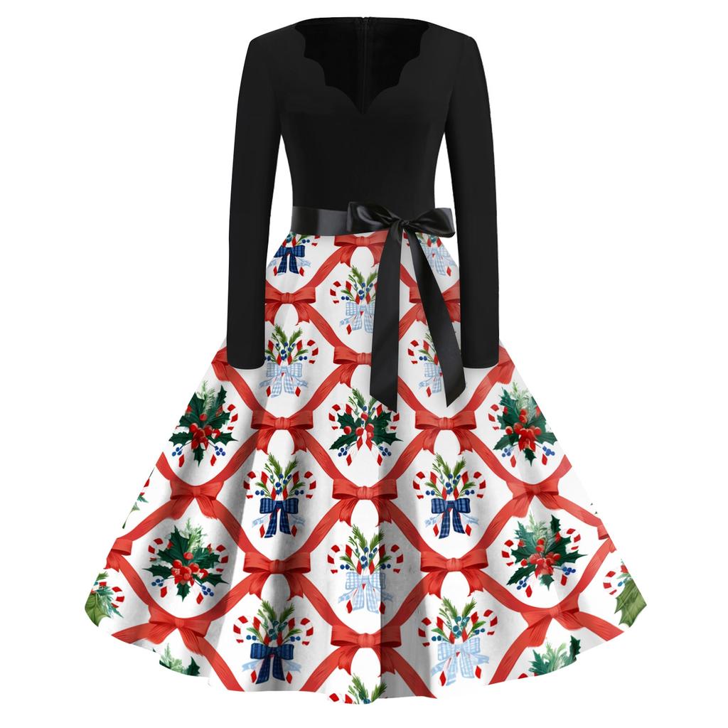 Women's Casual Christmas Print V-Neck Vintage Dress for Holiday Parties and Everyday Wear