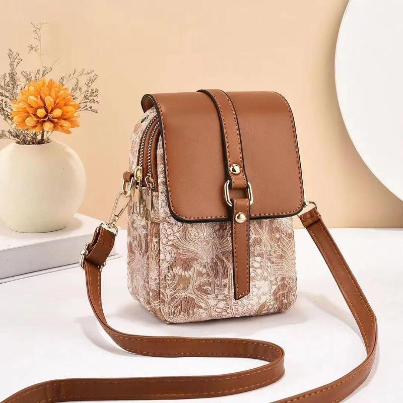 Women Vintage Crossbody Phone Bag Mobile Phone Bag PU Leather Multi-compartment Shoulder Bag Rivet Decoration Multi-functional Storage Wallet Handbag