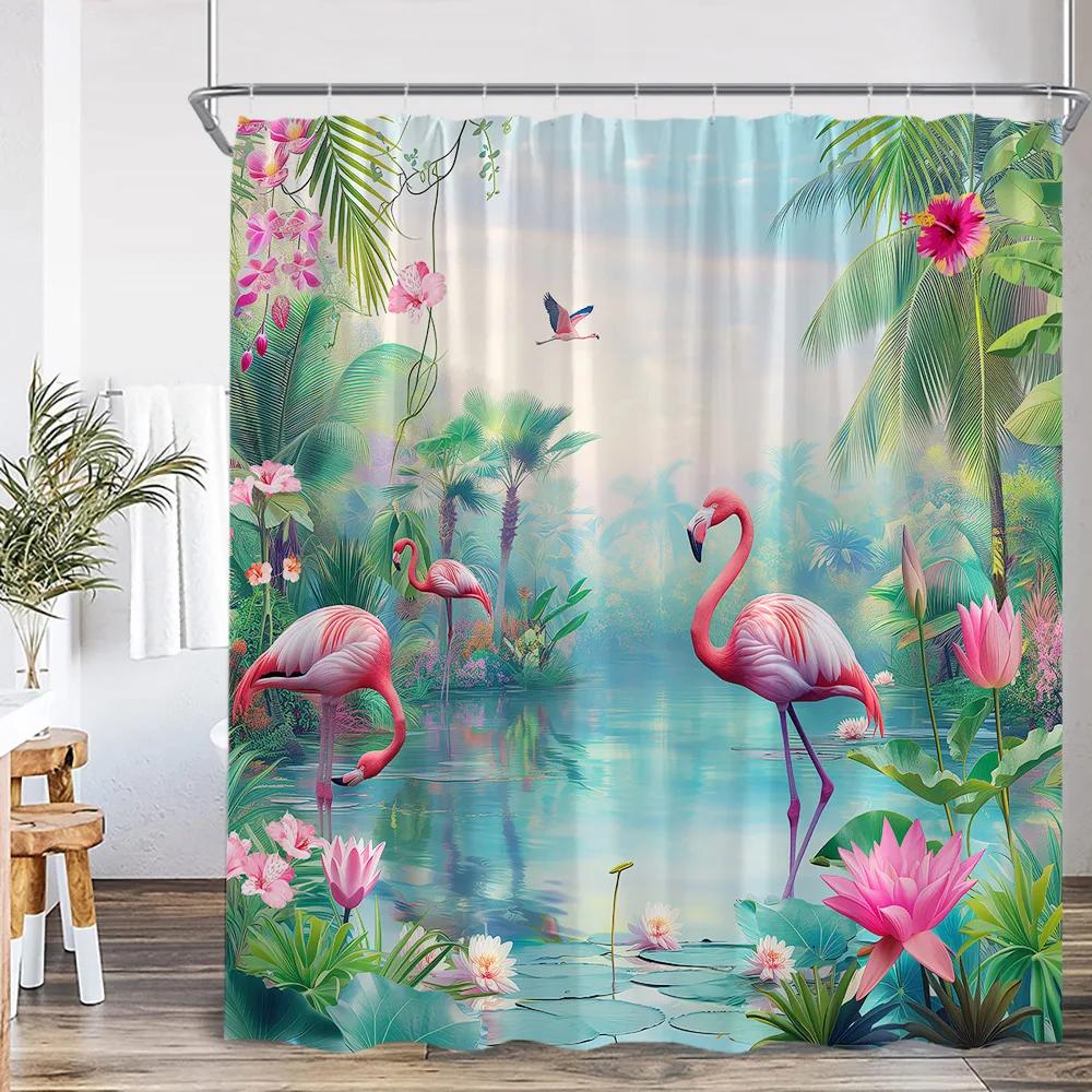 Flamingo Shower Curtain Set Pink Bird Tropical Leaf Rainforest Jungle Bathroom Decor Spring Summer Bath Mat Toilet Lid Cover