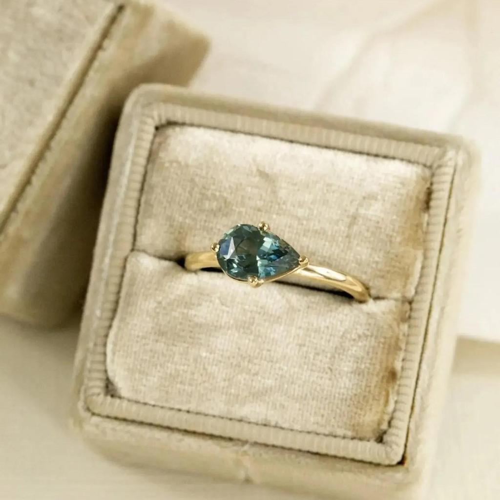 1.5ct East West Pear Teal Sapphire Engagement Ring: Dainty Yellow Gold Plated Solitaire Wedding Ring: Art Deco Bridal Jewelry Gift
