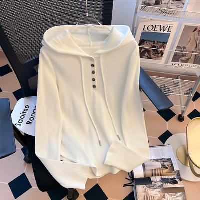 New Spring and Autumn Niche Design Sense Casual Loose Shoulder Button Drawstring Hooded Long Sleeved Solid Knit T-shirt